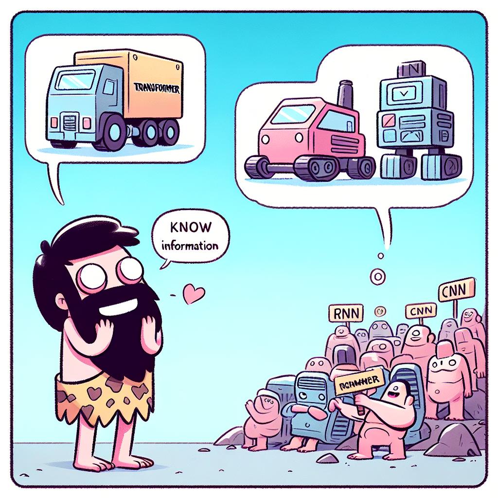 Caveman Papers — caveman explaining transformers to a crowd of neural nets