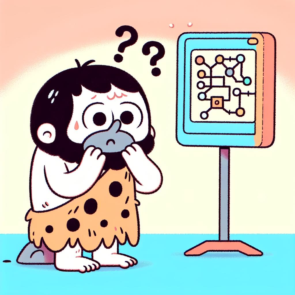 Caveman Papers — chibi caveman crouching in front of a colorful circuit board