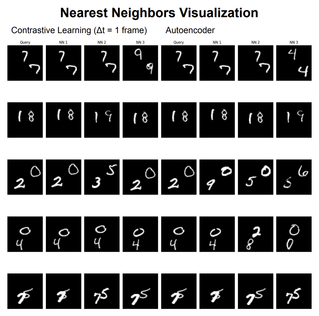 Nearest neighbors at Δt=1: contrastive learning (left) vs autoencoder (right)